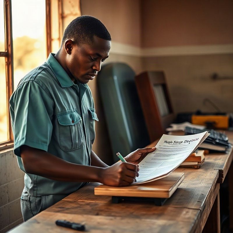 Terracspark technician reviewing a written scope document at a workbench in Garissa