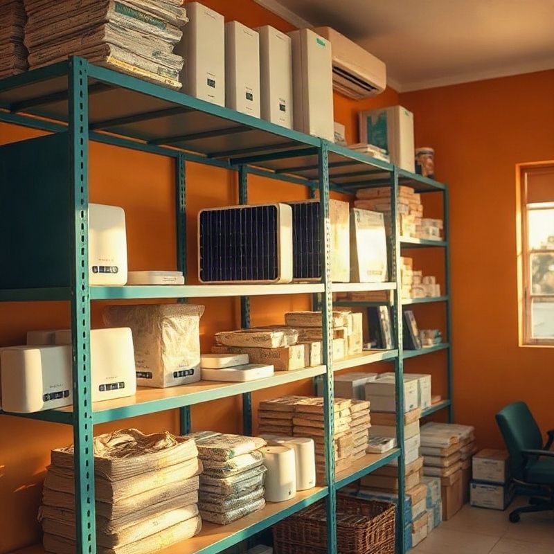 Organised product shelf inside the Terracspark Garissa office with solar panels and packaged items