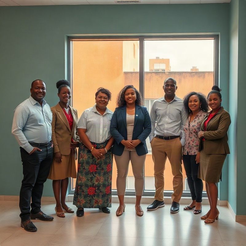 Group portrait of the six-person Terracspark staff in their teal-modern office at Landmark Plaza, Garissa